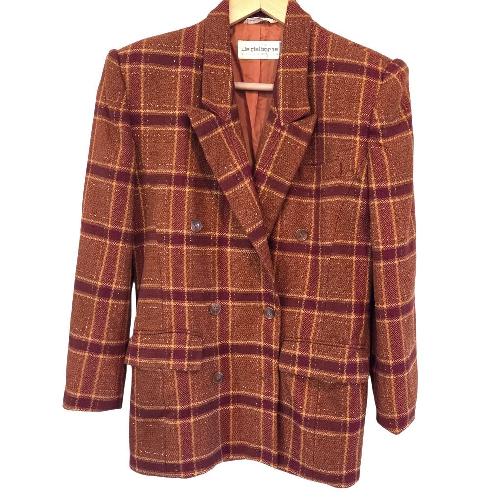Vintage Liz Claiborne Plaid Wool Silk Jacket Women's Double Breasted Blazer 4P
